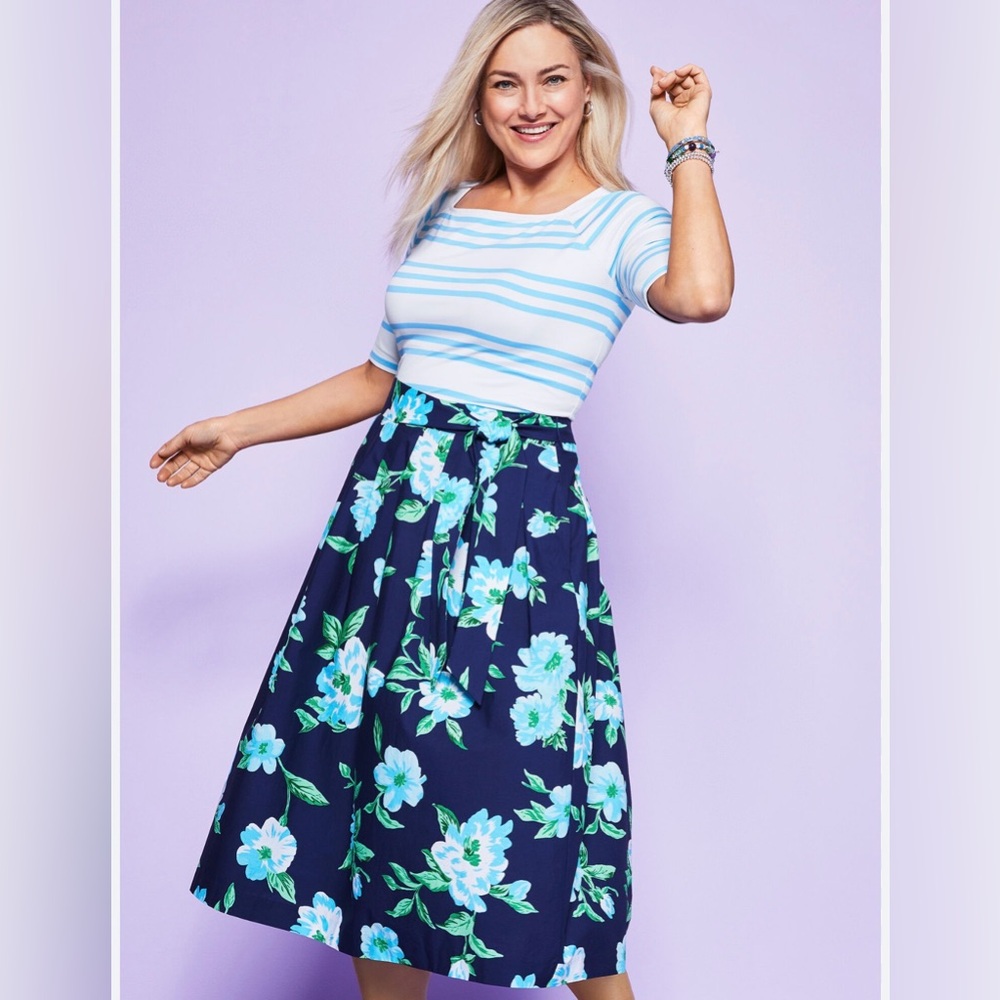 Talbots Navy Piper Pleated Midi Skirt SZ 20W Plus Size A Line full skirt floral - Picture 2 of 11